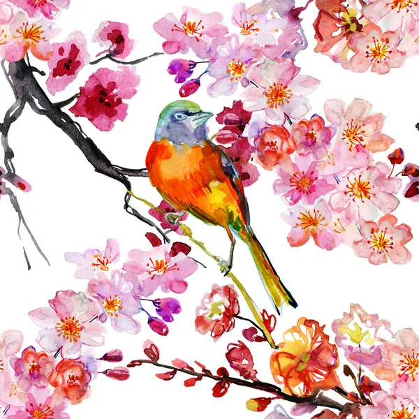 Seamless floral pattern with birds and blooming flowers — Stock Photo, Image