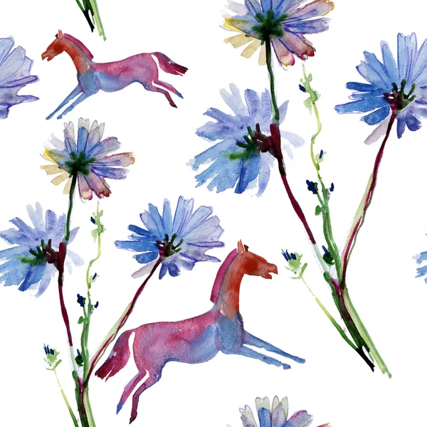 Piękne niebieskie kwiaty i koni, akwarela — Zdjęcie stockowe
