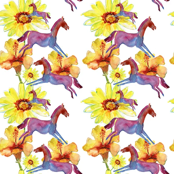 Watercolor pattern with hibiscus flower and horses — Stock Photo, Image