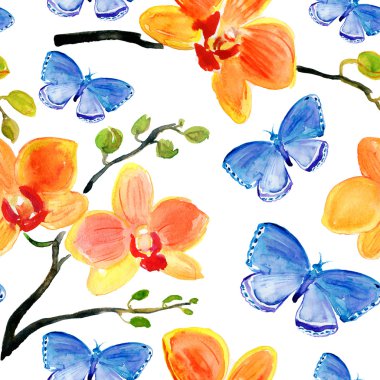 Orkide çiçekler ve kelebekler