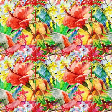 Flora tropik çiçekler, kuşlar ve yaprakları.