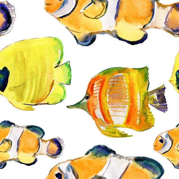 Nahtloser Aquarell-Hintergrund mit tropischen Fischen — Stockfoto