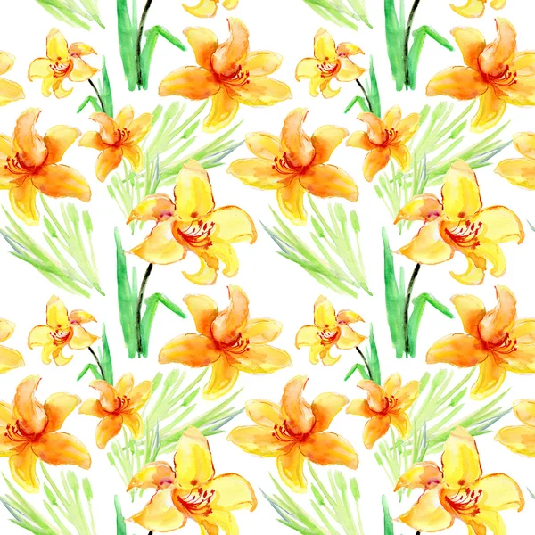 ユリの花を持つスタイリッシュな水彩画のシームレスなパターン — ストック写真