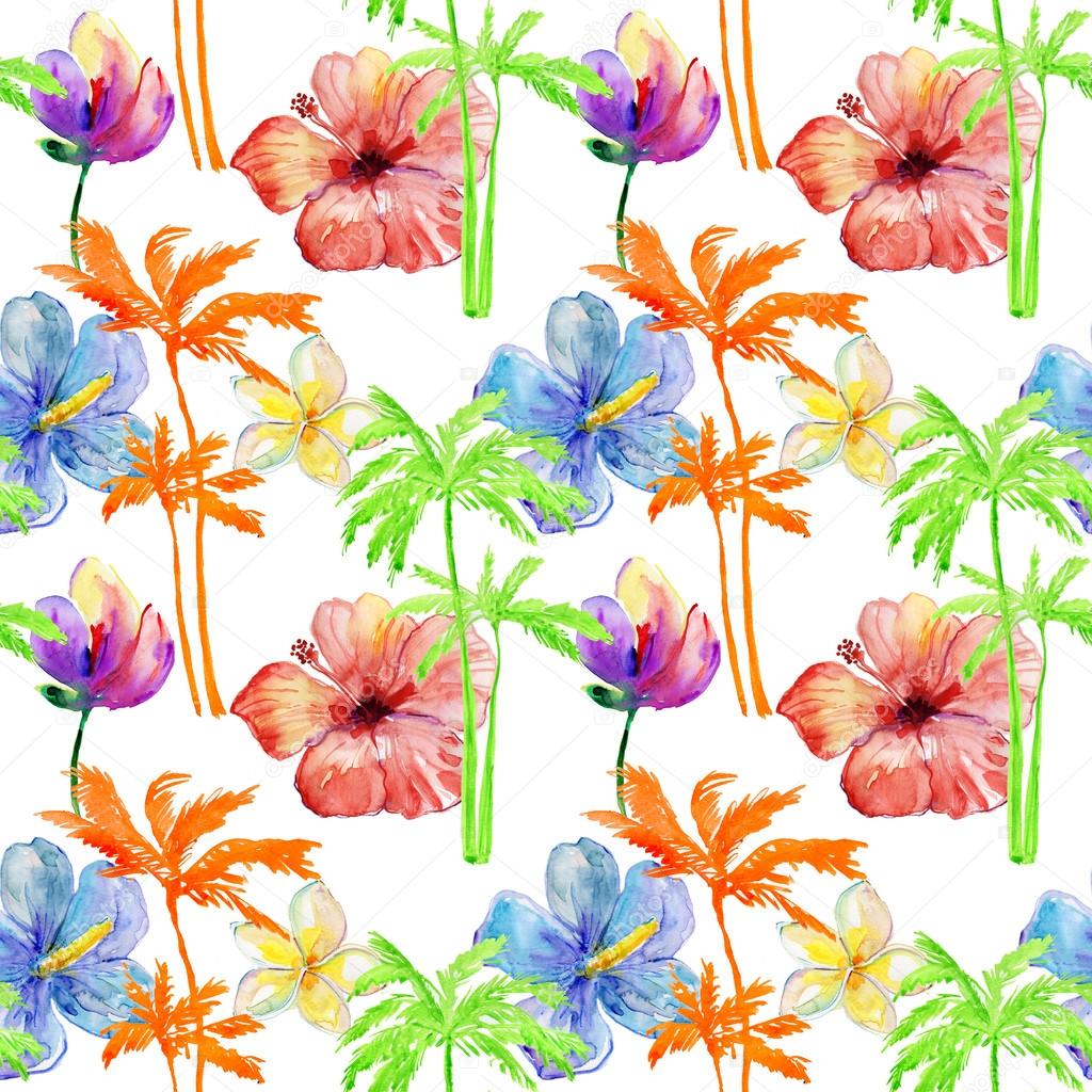 Tropical flowers and palm trees