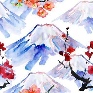 Sakura blossom ve fuji boyama