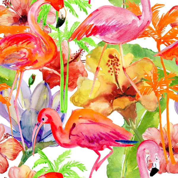 Flamant rose tropical sans couture et palmier — Photo