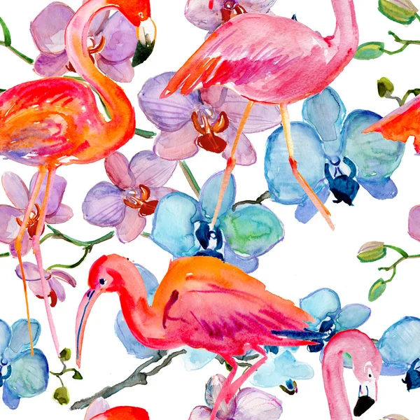 Seamless pattern with bright flowers and flamingo — Stock Photo, Image