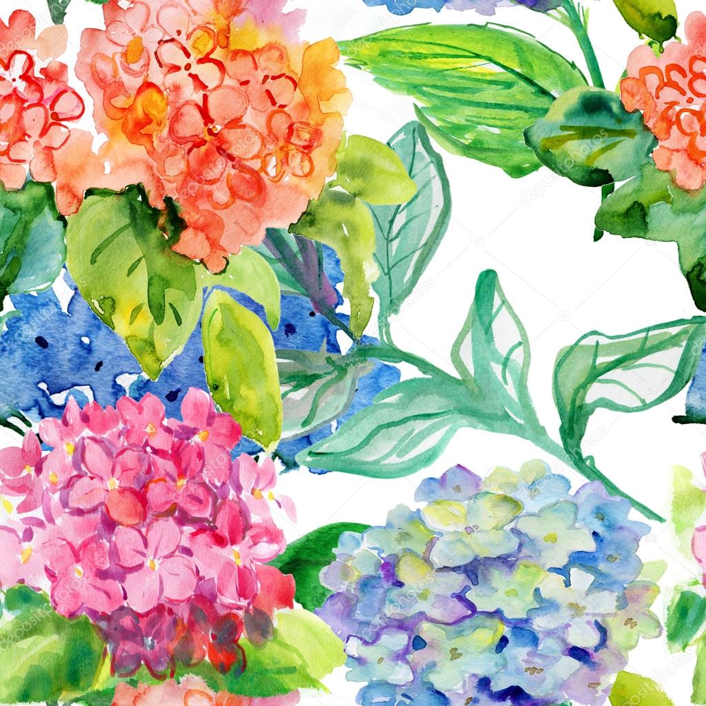 Abstract watercolor hand painted backgrounds with hydrangea