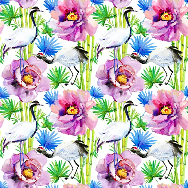 Watercolor Crane and sakura — Stock Photo, Image