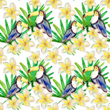 suluboya toucan ve çiçekler