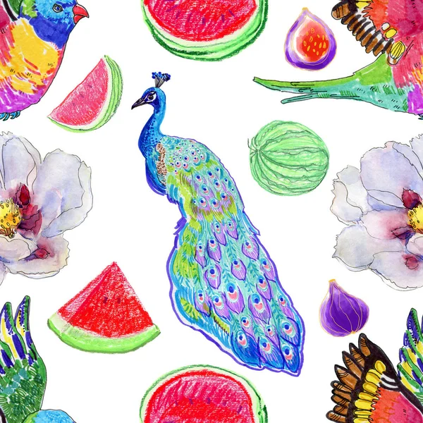 Aquarel Naadloos Patroon Met Tropische Bloemen Vruchten Vogels — Stockfoto