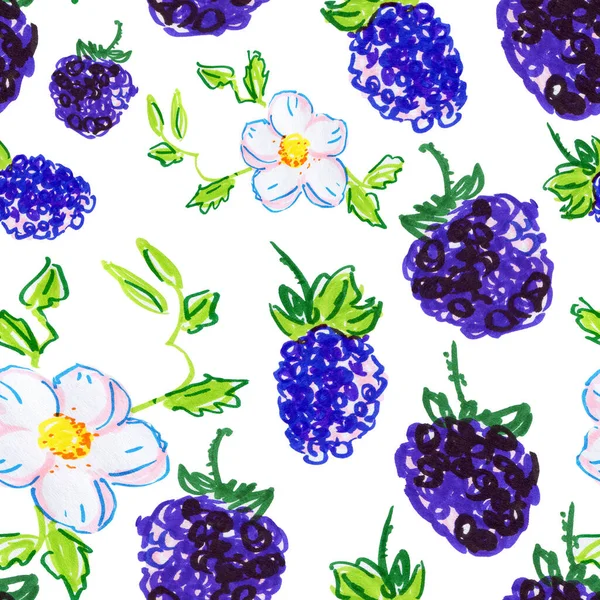 Blackberries Flowers Seamless Background — Stock Photo, Image