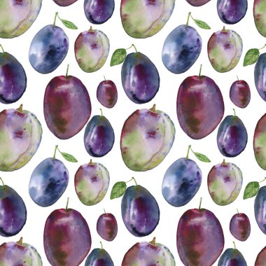 Suluboya erik ve yapraklarla kusursuz bir desen. el çizimi resimleme.