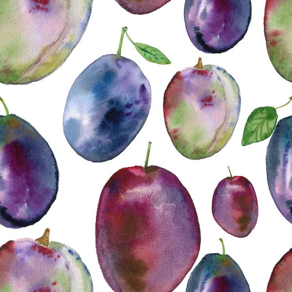 Seamless Pattern Watercolor Plums Leaves Hand Drawn Illustration — Stock Photo, Image