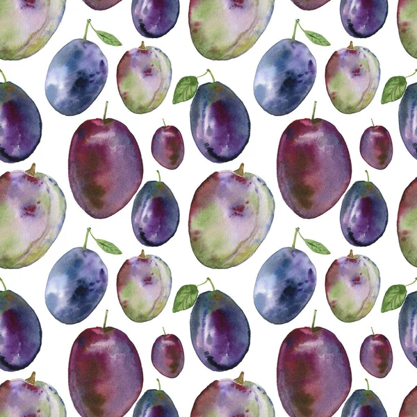Seamless Pattern Watercolor Plums Leaves Hand Drawn Illustration — Stock Photo, Image