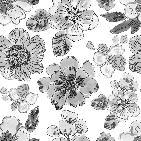 Seamless Floral Pattern Hand Drawn Sketch Watercolor Illustration — Stock Photo, Image