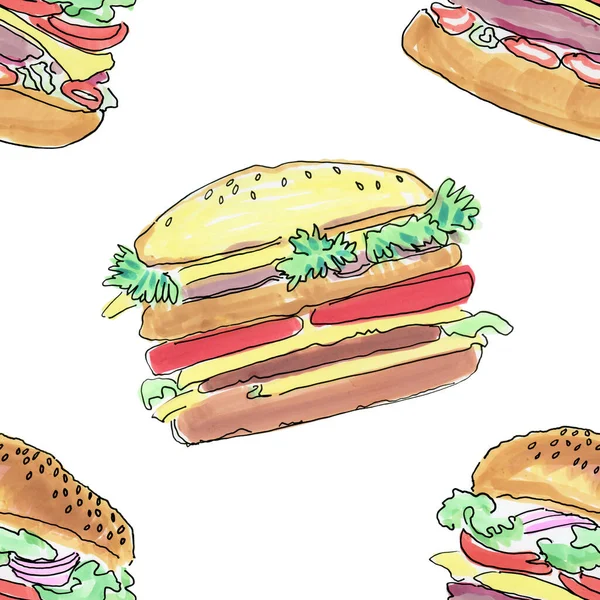 Nahtloses Muster Mit Handgezeichnetem Fast Food Illustration — Stockfoto