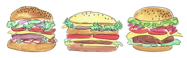 Zestaw Różnych Hamburgerów Ilustracja Narysowana Ręcznie — Zdjęcie stockowe