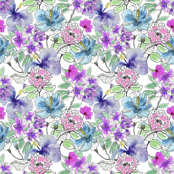 Beautiful Seamless Pattern Watercolor Flowers — Stock Photo, Image