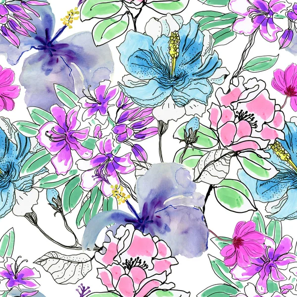 Akvarel Hladký Vzor Květinami — Stock fotografie