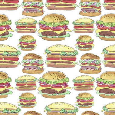 Lezzetli hamburgerlerle kusursuz desen. resimleme