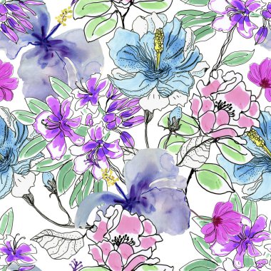  Çiçek deseni. El çizimi çizimi, suluboya çizimi