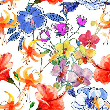  Çiçek deseni. El çizimi çizimi, suluboya çizimi