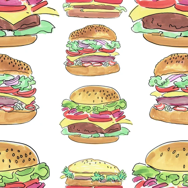 Bezproblemowy Wzór Smacznymi Hamburgerami Ilustracja — Zdjęcie stockowe