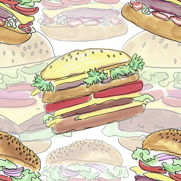 Nahtloses Muster Mit Leckeren Burgern Illustration — Stockfoto