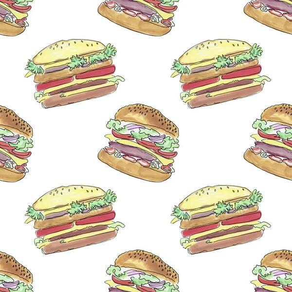 Patrón Sin Costuras Con Sabrosas Hamburguesas Ilustración —  Fotos de Stock