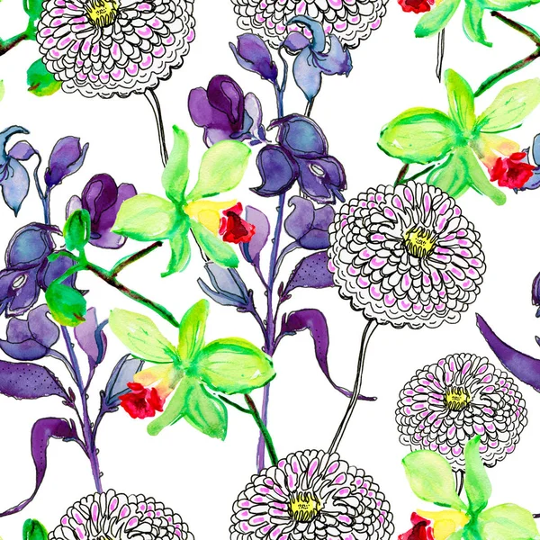 Floral Pattern Hand Drawn Sketch Watercolor Illustration — Stock Photo, Image