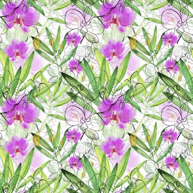 seamless pattern with watercolor flowers, leaves, buds, tulips, green, yellow, purple, pink,