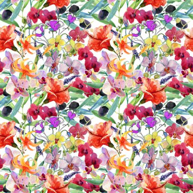 watercolor seamless pattern with flowers, leaves, buds, green, yellow, blue, orange, pink,