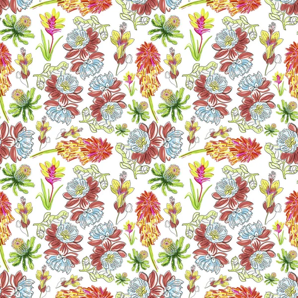 Seamless Pattern Flowers Leaves Floral Motifs — Zdjęcie stockowe