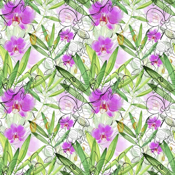 Seamless Pattern Watercolor Flowers Leaves Buds Tulips Green Yellow Purple — Stockfoto