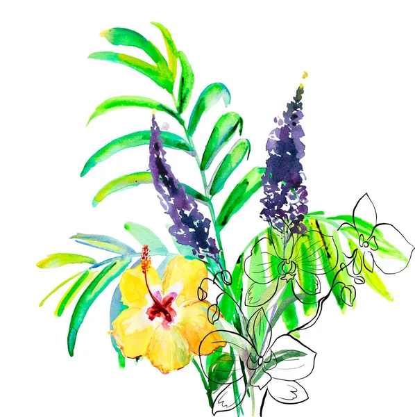 Ilustração Aquarela Flores Tropicais — Fotografia de Stock