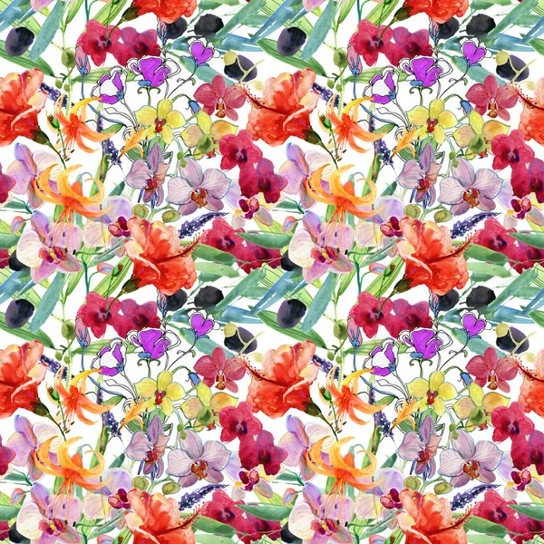 Watercolor Seamless Pattern Flowers Leaves Buds Green Yellow Blue Orange — Stockfoto