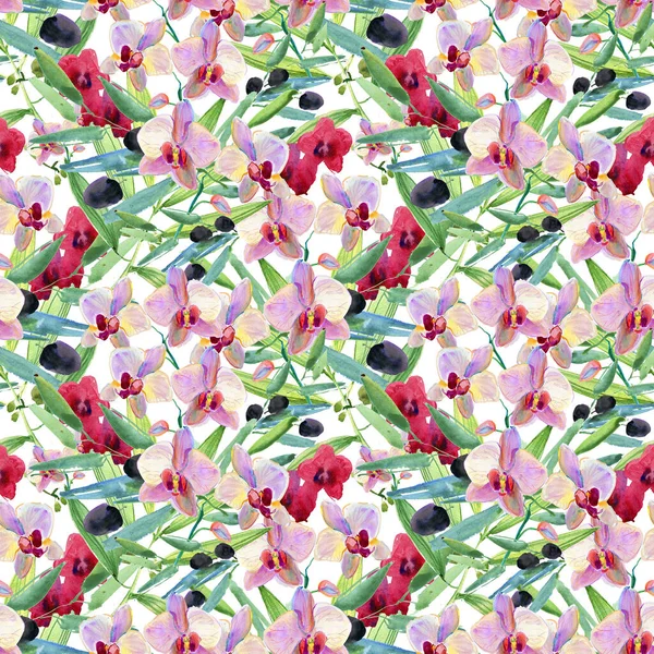 Watercolor Seamless Pattern Flowers Leaves Berries Buds Green Red Blue — 스톡 사진