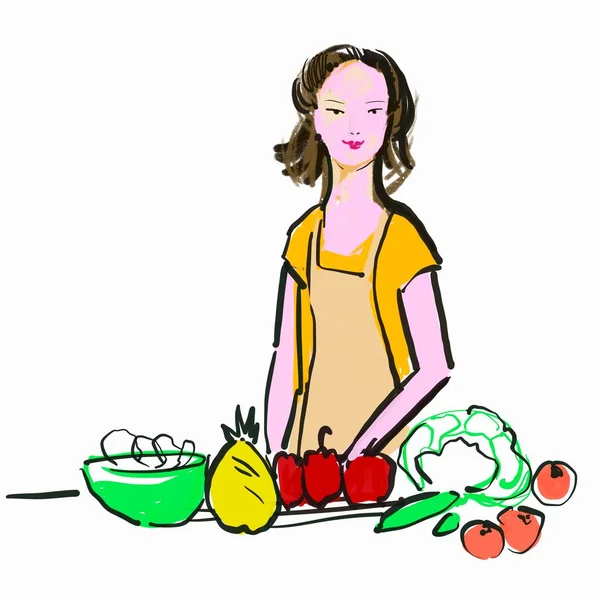Woman Vegetables Fruits Vector Illustration — Stockfoto