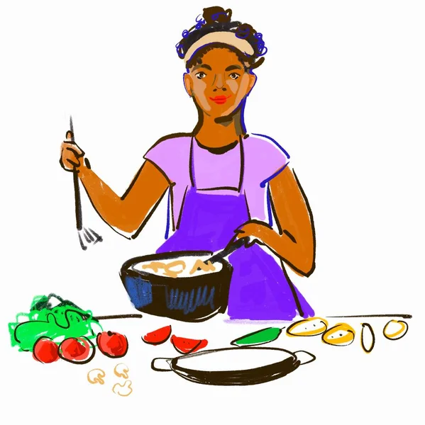 illustration of a girl cooking a dish