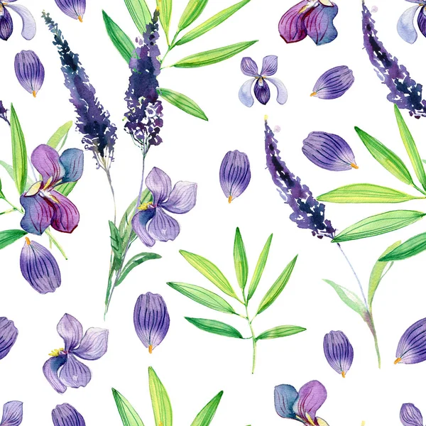 Watercolor Seamless Pattern Flowers Leaves Buds Herbs Plants Plant Floral — Zdjęcie stockowe