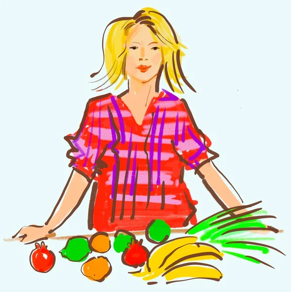 Illustration Girl Bag Vegetables — Stockfoto