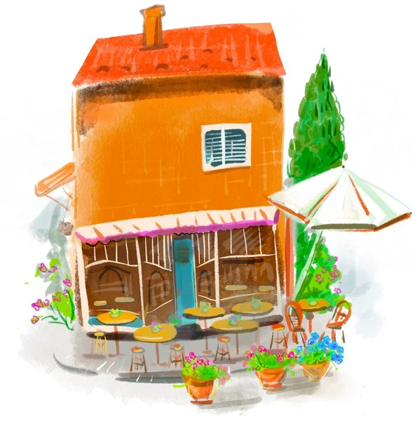 watercolor illustration of a house with a roof