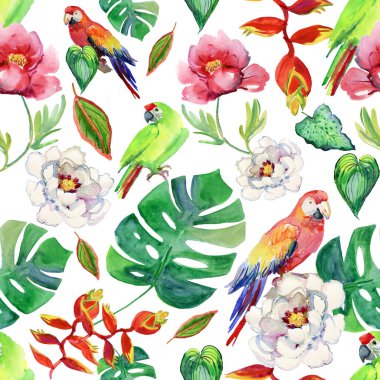 watercolor seamless pattern with tropical birds and flowers. hand drawn illustration.