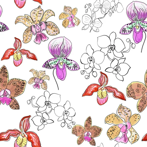 Watercolor Seamless Pattern Orchid Flowers — ストック写真