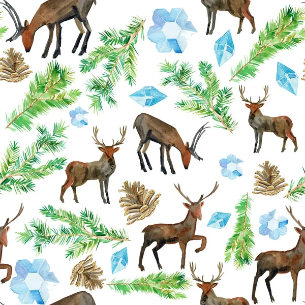 Watercolor Christmas Seamless Pattern Deer Spruce Branches Cones Snowflakes — Stockfoto