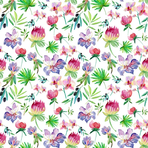 Watercolor Seamless Pattern Flowers Leaves Buds — Stock fotografie