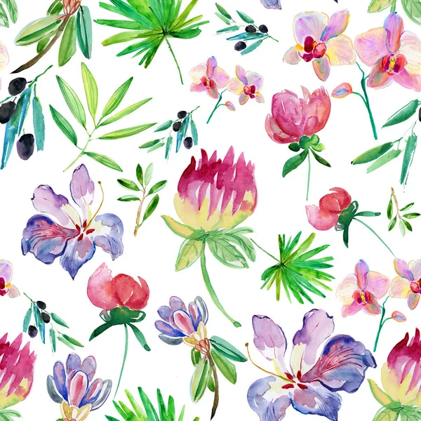 Watercolor Seamless Pattern Flowers Leaves Buds — Zdjęcie stockowe