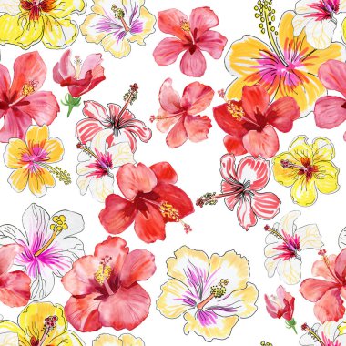 pink Hibiscus, bright flowers, seamless floral pattern 