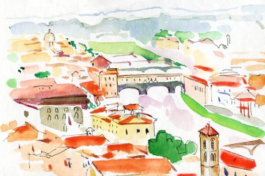 Ponte Vecchio Köprüsü, Floransa, İtalya suluboya resim